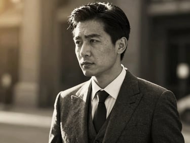 An elegant black and white portrait of a male creative director in a tailored suit, looking thoughtfully off-camera, dramatic lighting