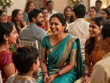 Cinematic candid shot of a laughter-filled Indian family gathering, grand reception lighting, warm shadows, authentic emotion