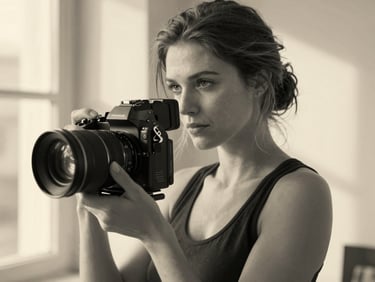 An elegant black and white portrait of a female cinematographer holding a professional camera, soft window light, artistic shadow