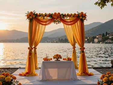 Cinematic wide shot of an outdoor Indian wedding altar by Lake Como at sunset, vibrant marigold drapes reflecting on the water