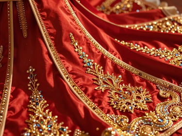 Cinematic close-up of heavy red bridal silk in motion, intricate gold embroidery, warm golden hour light