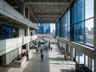 High-angle architectural photography of a modern concrete office lobby, sharp shadows, cool daylight, deep blue glass reflections, technical grid overlay, 35mm