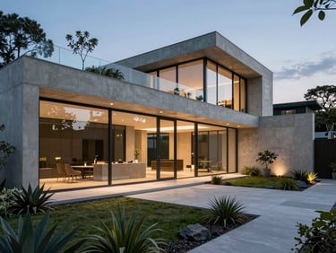 Stunning modern luxury residence with concrete walls, floor-to-ceiling glass, and a perfectly executed minimalist garden with structural plants, twilight lighting