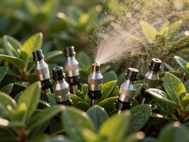 Close-up of premium automated irrigation micro-nozzles precisely hidden among healthy, deep green foliage, subtle water mist catching golden hour light.