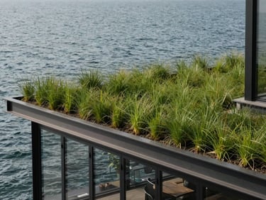 A minimalist green roof on a luxury lake house, seamless integration with metal beams, healthy wild grasses.