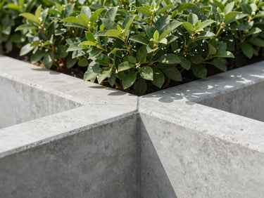 Close-up of clean concrete joints meeting lush green foliage, sharp architectural lines, daylight