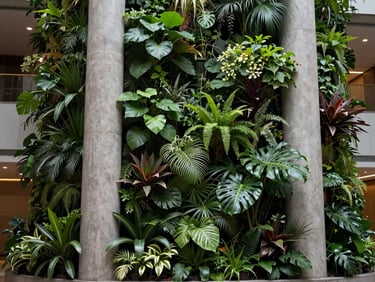 A lush vertical garden inside a high-end corporate lobby, integrated with concrete columns, perfectly healthy after three years.