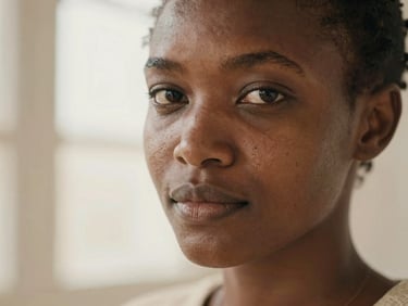 Close-up portrait of a Kenyan woman with glowing, natural skin texture, soft warm morning light, cream and beige tones, shallow depth of field