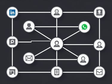 Abstract vector schematic of interconnected nodes and lines representing various digital platforms (LinkedIn, WhatsApp, Email icons subtly integrated), showing seamless data flow and integration. Flat geometric design, stark white and charcoal, sharp vector lines, high-tech abstract workflow.