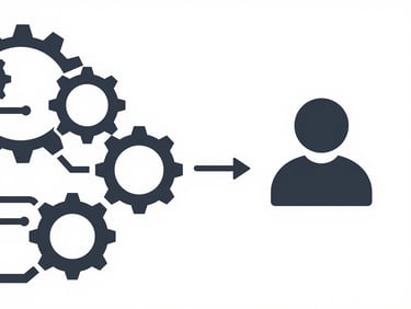 Abstract vector diagram showing a smooth transition point from an automated AI process (gears or circuits) to a human icon, symbolizing intelligent hand-off and collaboration. Flat geometric design, stark white and charcoal, sharp vector lines, high-tech abstract workflow.