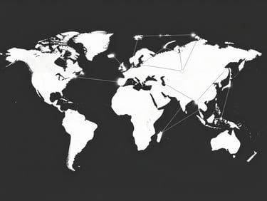 Clean vector illustration of a global network with glowing nodes, representing continuous, round-the-clock activity and data flow. Flat geometric design, stark white and charcoal, sharp vector lines, high-tech abstract workflow.