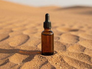 Close-up of a dark amber glass bottle of argan oil on textured sandstone, golden light, shallow depth of field.