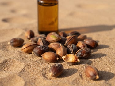 Close-up of raw argan kernels scattered on textured sandstone, with a small amber glass bottle of argan oil in the background, warm golden-hour light.
