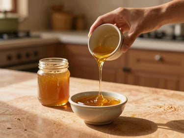 Hands pouring golden Moroccan honey into a small ceramic bowl, with a jar of Amlou beside it, warm kitchen light.