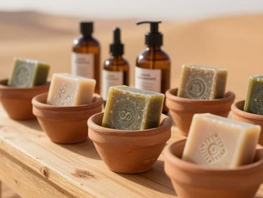 Arrangement of natural Moroccan soaps and skincare products in terracotta pots, warm light on a wooden surface.
