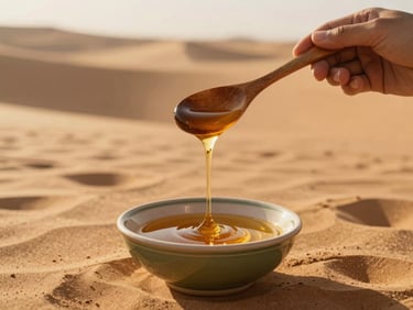 Hands holding a wooden spoon dripping golden, unfiltered Moroccan honey into a ceramic bowl, warm low-angle sunlight, textured background.