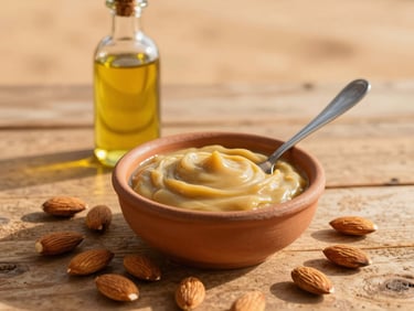 A small bowl of Amlou with a spoon, surrounded by roasted almonds and a bottle of argan oil, warm golden light, on a rustic wooden surface.