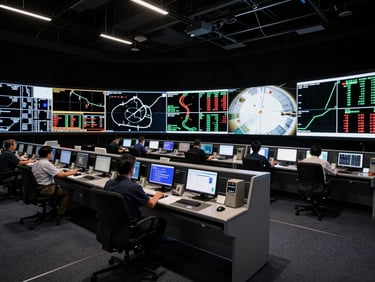 A wide-angle view of NASA mission control during a live simulation, glowing telemetry screens reflecting on clean consoles, high-contrast low light