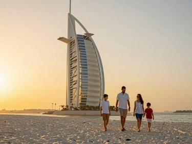 A stunning family walking along a white sand beach in Dubai, the iconic Burj Al Arab standing majestic in the background, golden sunset light.