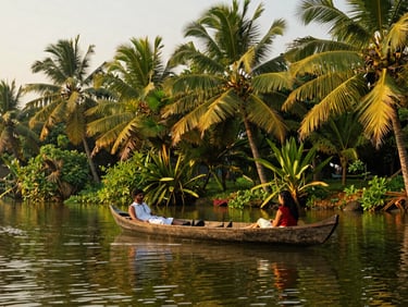 A couple relaxing on a traditional wooden boat in a serene backwater canal in Kerala, surrounded by lush green palm trees, warm morning light.