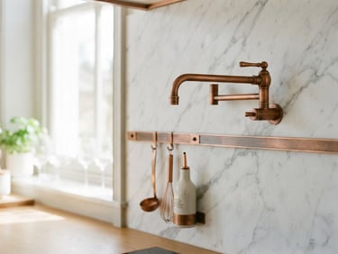 Bright architectural detail of custom copper fittings against a white marble kitchen backsplash, natural diffused side light, 35mm