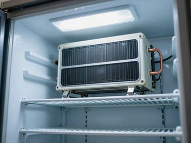 Interior of a commercial walk-in refrigerator, evaporator coil unit mounted overhead, stainless steel shelving in background, cool blue-white job-site light, condensation visible on copper lines