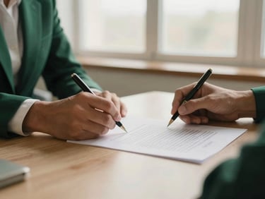 Hands signing a legal document in a warm, naturally lit office, shallow depth of field, 35mm, deep emerald and sand tones, soft morning window light. Focus on the document and pen.