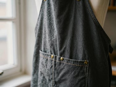 Close-up of a dark grey canvas work apron with brass rivets, hanging in a workshop, natural window light, 35mm