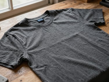 Heavyweight cotton t-shirt in charcoal grey laid flat on a wooden workbench, showing detailed texture of the collar and fabric, 35mm