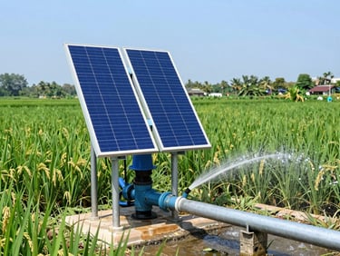 Solar water pump system in a green Indonesian rice field, water spraying from a pipe, clear sunny day, lush background