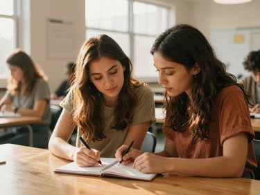 Candid medium shot of two young women collaborating over a notebook in a bright Atlanta community center, warm golden-hour light, 35mm.