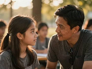 Candid close-up of a mentor listening intently to a teenage girl during an outdoor workshop, warm golden-hour light filtering through trees, shallow depth of field.