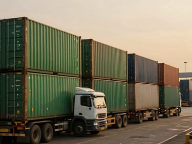 Modern container terminal in Kinshasa under dramatic golden hour light, cargo trucks and logistics operations, sharp focus, cinematic, 35mm