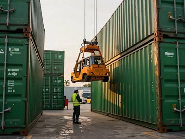 Professional logistics team overseeing container unloading at a modern warehouse in Kinshasa, deep forest green tones, sharp focus, 35mm