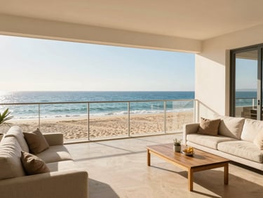 Spacious beach apartment living room, modern simple furniture, balcony overlooking the sea, bright midday sun