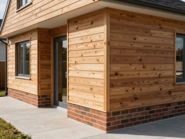 Close-up architectural shot of high-quality exterior finishes on a modern single-storey bungalow, showing neat timber cladding, brickwork foundations, and a pristine paved pathway under bright British daylight.