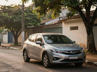 A modern car parked on a quiet, tree-lined street in Brazil during soft golden morning light, realistic warm editorial photography