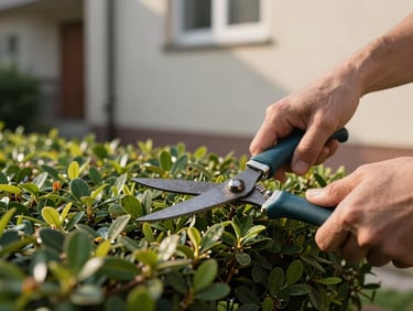Hands trimming a hedge with shears in a small urban garden, green foliage close up, morning light, residential wall visible in background