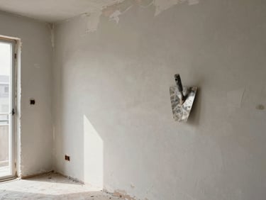 Wide environmental shot of a freshly plastered wall in progress, trowel resting against the surface, natural daylight from an open doorway illuminating the texture