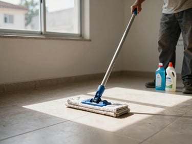 Wide shot of a residential area de serviço being cleaned, a mop on a tiled floor under window light, cleaning supplies on the side, no people posing