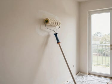 A paint roller mid-stroke on a freshly primed interior wall, natural light from an open door to the right, clean drop cloth on the floor, soft warm tones