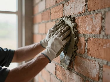 Close-up of a worker's gloved hands pressing mortar onto a brick wall under construction, natural window light from the left, trowel visible in sharp focus, wall surface filling the frame