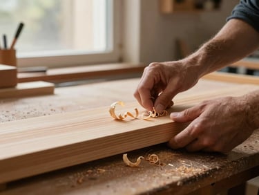 Hands planing a wooden shelf edge on a workbench, fine wood shavings curling away, warm daylight through a workshop window, grain of the timber clearly visible