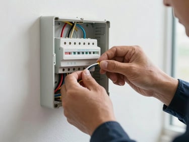 Close-up of an electrician's hands connecting wires inside an open junction box mounted on a white wall, natural light from a nearby window, clean workspace