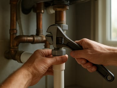 Hands tightening a pipe fitting under a kitchen sink, adjustable wrench in use, natural light from a nearby window, copper and PVC piping visible