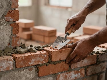 Close-up of a worker's hands laying brick mortar on a partially built wall, natural light from a nearby opening, trowel mid-stroke, raw clay bricks visible in background
