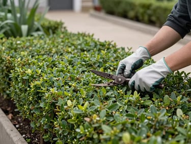 Wide shot of a small urban garden being tended, gloved hands pruning a low hedge, soft diffused daylight on green foliage, tidy path visible in background