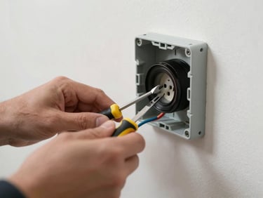 Close-up of hands connecting electrical wires inside a wall outlet box, small flathead screwdriver in use, white wall background, natural ambient light