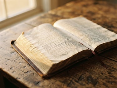 An open Bible resting on a rustic wooden table, soft golden window light illuminating the pages, warm organic tones, shallow depth of field