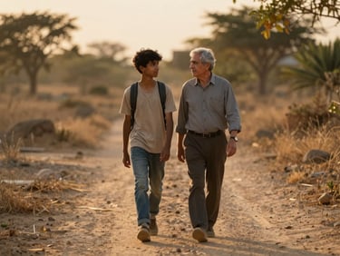 A mentor walking alongside a young leader on a dusty path at golden hour, warm light, rich organic tones, 35mm.